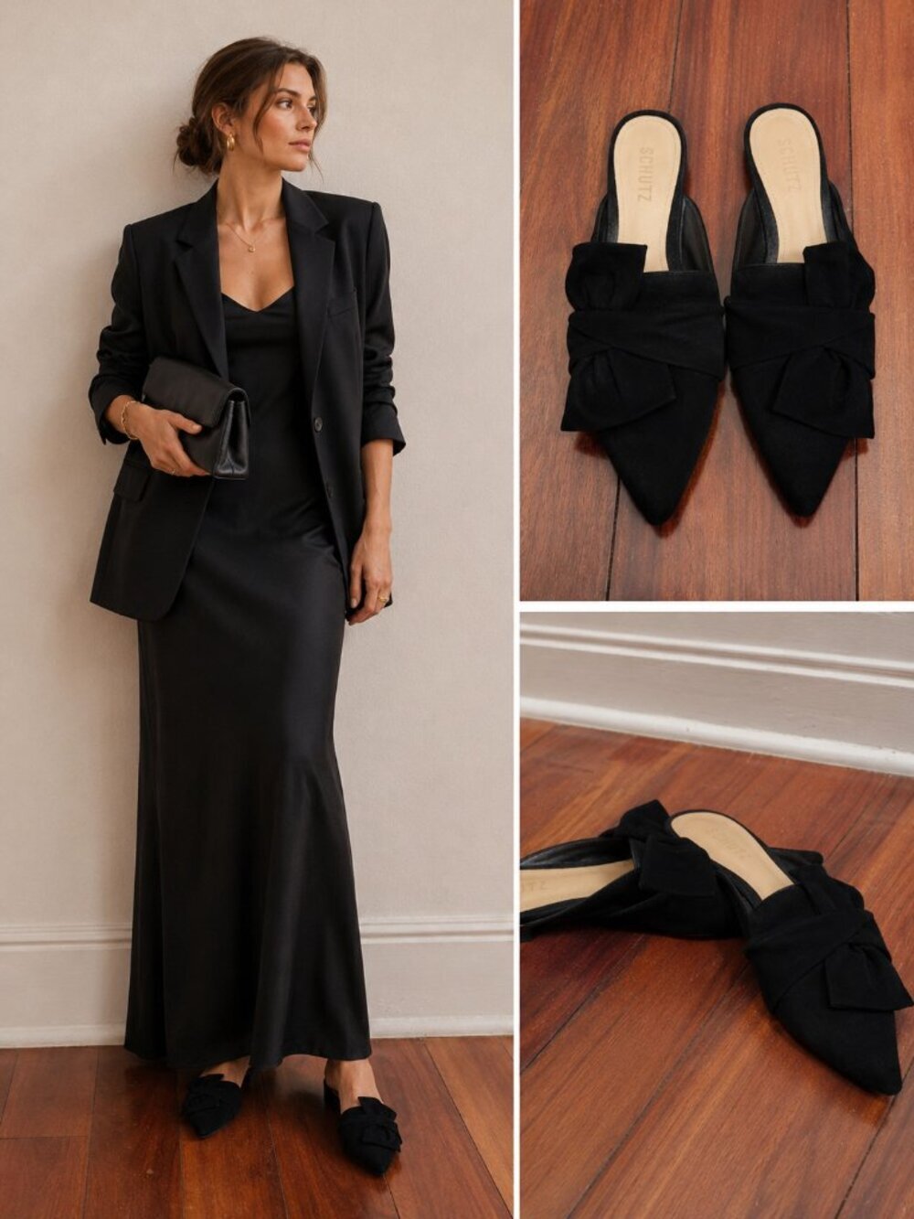Schutz Black Suede Bow Pointed Toe Mule Flats Women’s Size 8.5B Leather